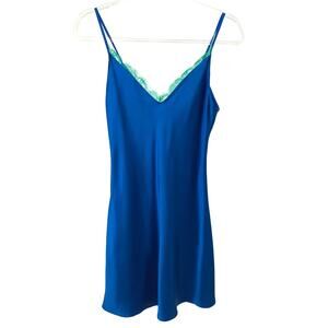 Zara Blue Satin Effect Lace Trim Sleeveless Chemise Mini Dress Womens S
